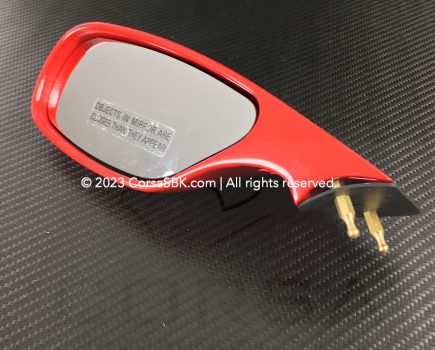 52310031CA Ducati 748 916 996 998 left hand mirror; Red. Originally fitted to the MY '01 996R and MY '02 and later 748S 748R 998S 998R & 998S Final Edition SBK.